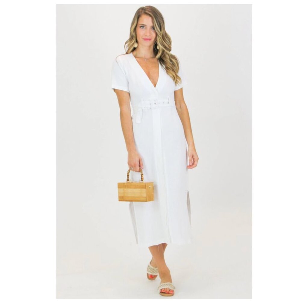 NWT L'abeye Labeye LINEN RAW EDGE BELTED DRESS/COVER UP Naomi Olindo S